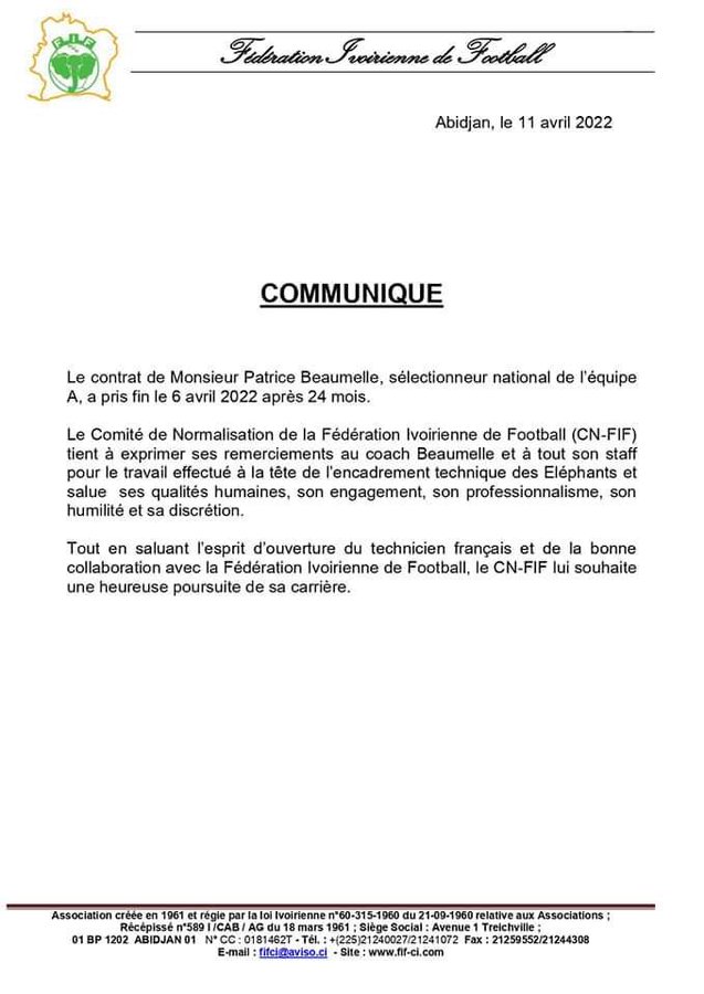 FOOTBALL: Le départ de Patrice Beaumelle du poste de sélectionneur de la Côte d'Ivoire officialisé