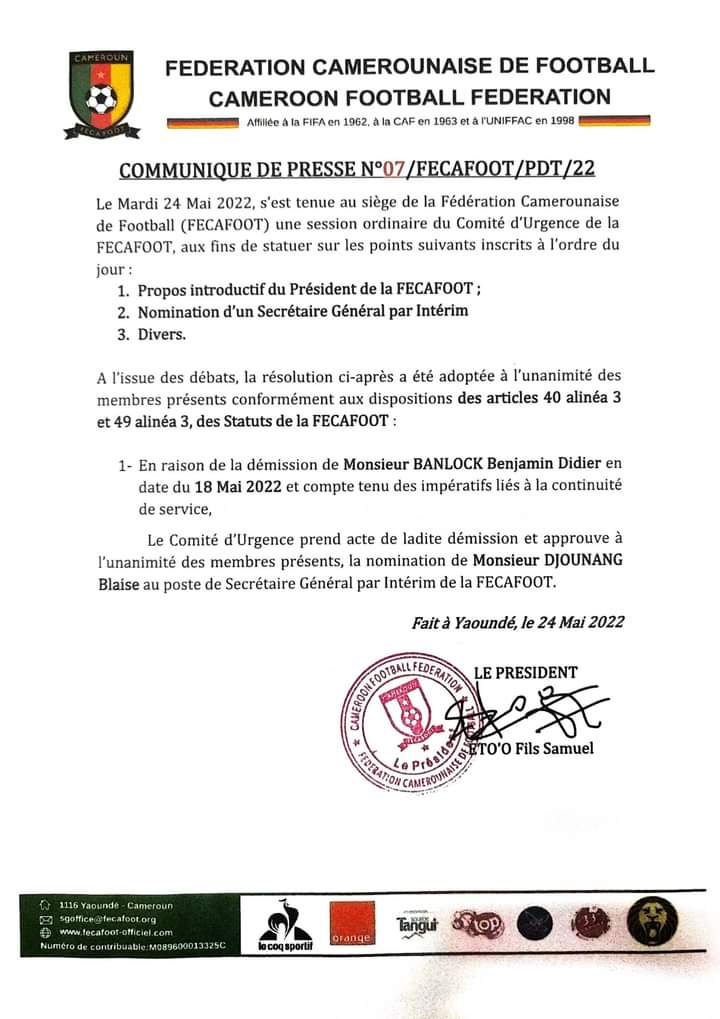 FECAFOOT: Blaise Djounang, nommé secrétaire général par intérim