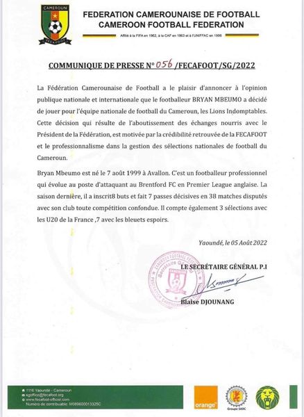 CAMEROUN : Bryan MBEUMO jouera désormais avec les Lions Indomptables